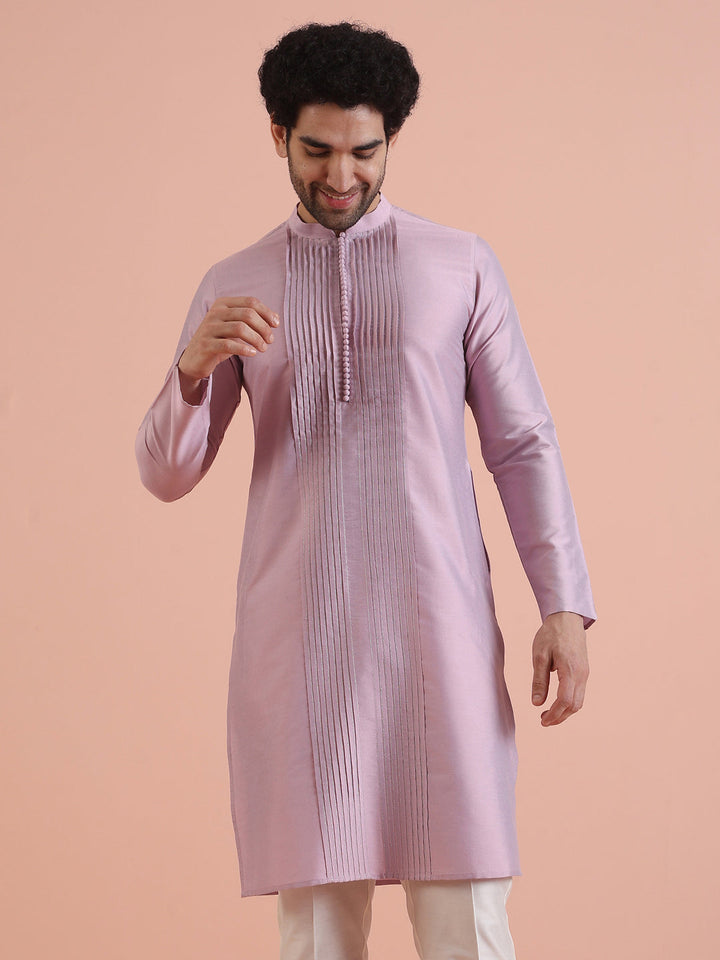 Men Onion pink Pleated Ethnic Motifs Kurta  | SHOBITAM