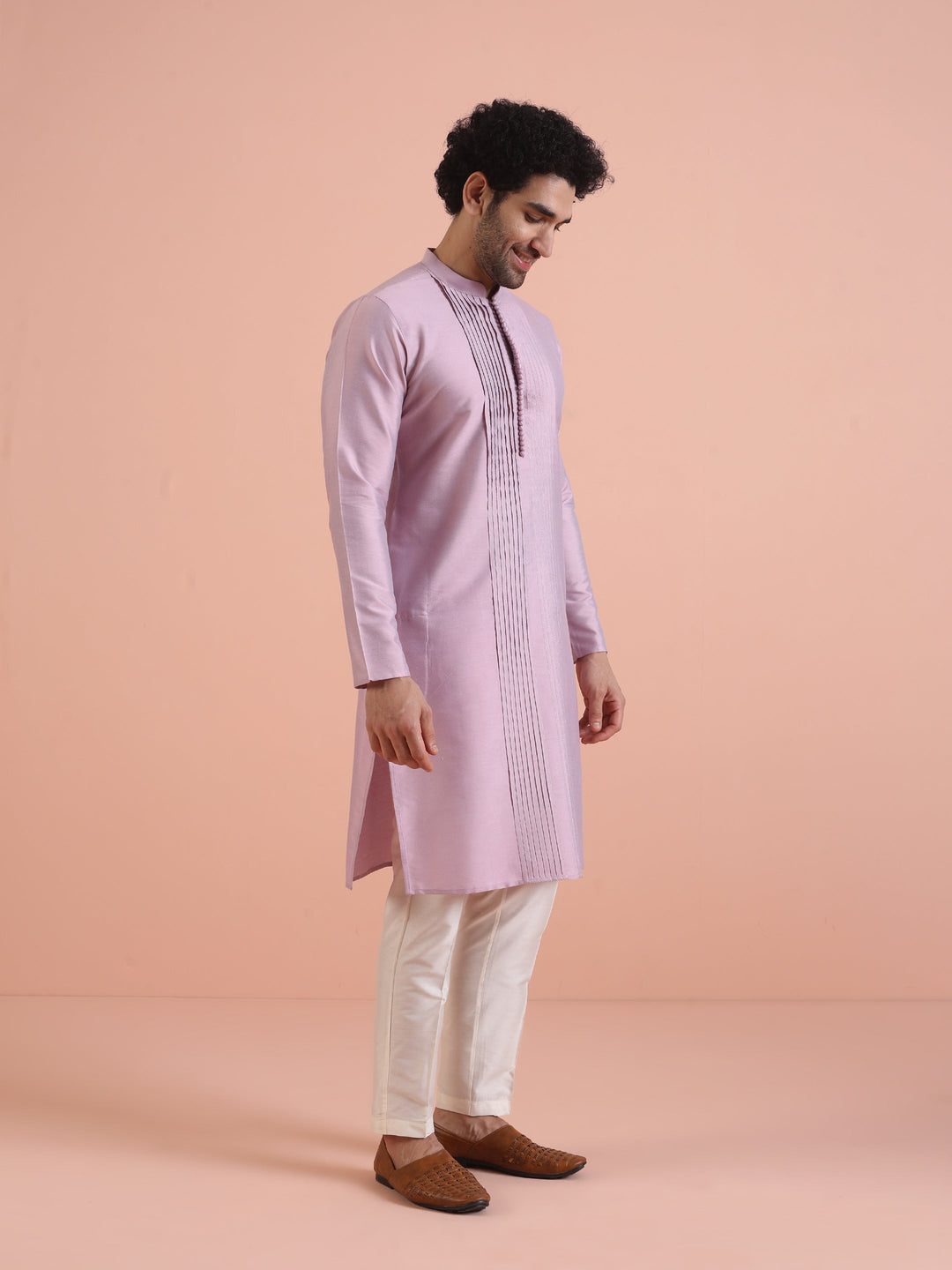 Men Onion pink Pleated Ethnic Motifs Kurta  | SHOBITAM