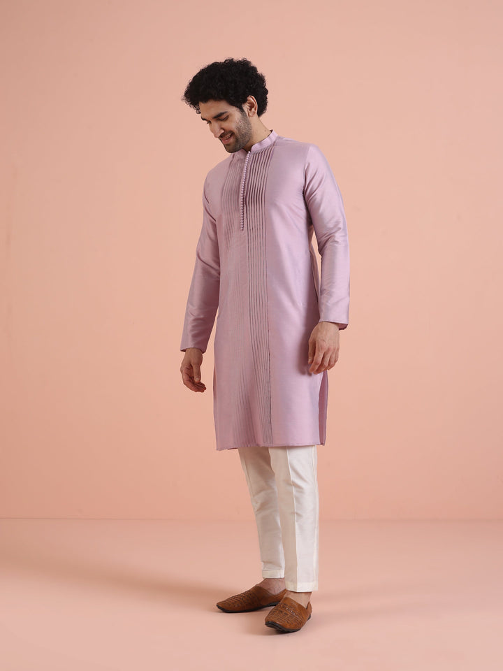 Men Onion pink Pleated Ethnic Motifs Kurta  | SHOBITAM