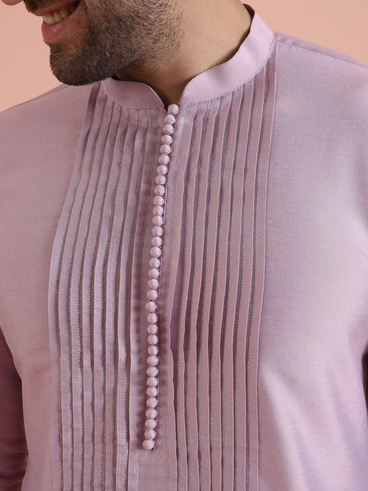 Men Onion pink Pleated Ethnic Motifs Kurta  | SHOBITAM