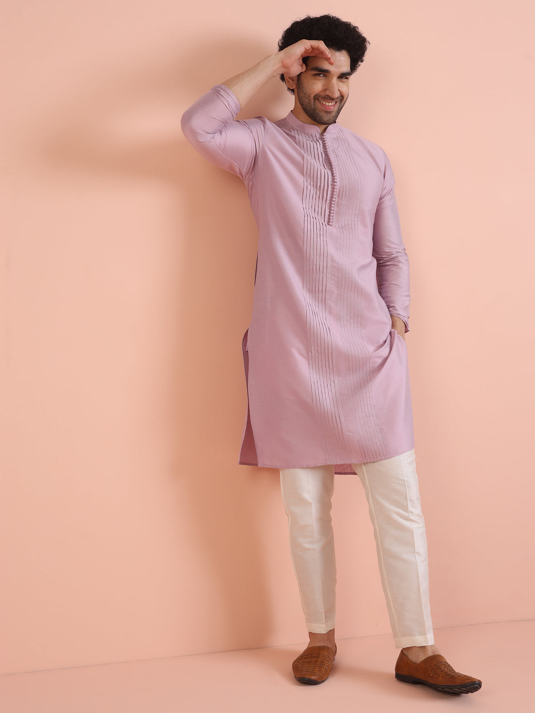 Men Onion pink Pleated Ethnic Motifs Kurta  | SHOBITAM