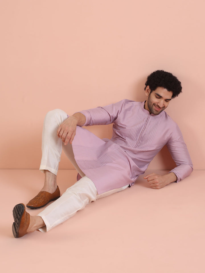 Men Onion pink Pleated Ethnic Motifs Kurta  | SHOBITAM