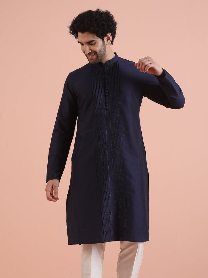Men Navy Blue Pleated Ethnic Motifs Kurta  | SHOBITAM