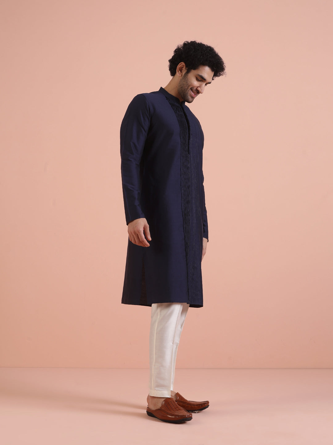 Men Navy Blue Pleated Ethnic Motifs Kurta  | SHOBITAM