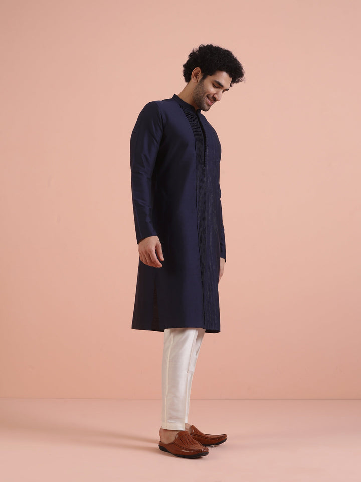 Men Navy Blue Pleated Ethnic Motifs Kurta  | SHOBITAM