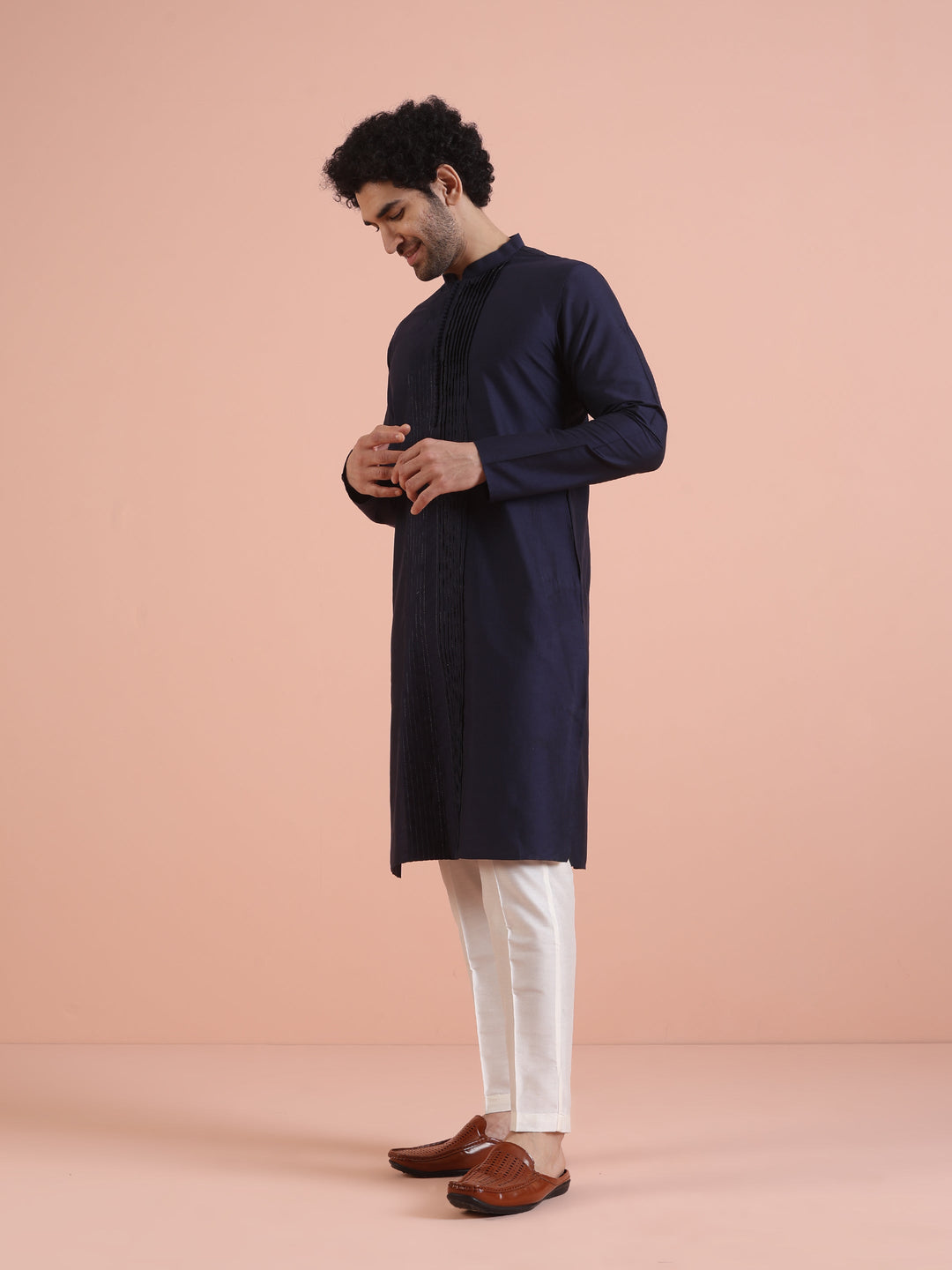 Men Navy Blue Pleated Ethnic Motifs Kurta  | SHOBITAM