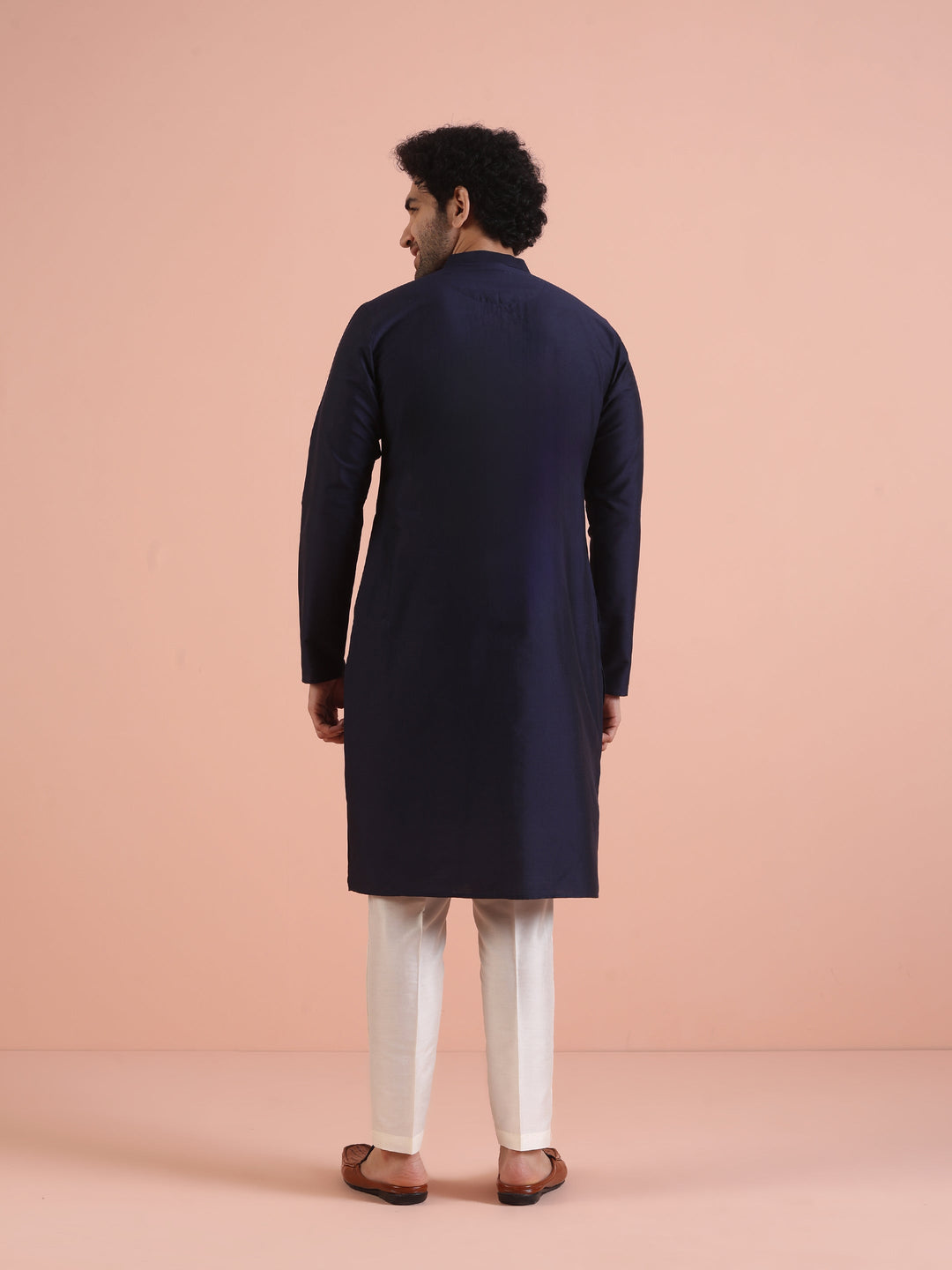 Men Navy Blue Pleated Ethnic Motifs Kurta  | SHOBITAM