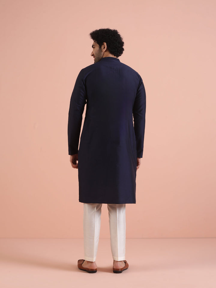 Men Navy Blue Pleated Ethnic Motifs Kurta  | SHOBITAM