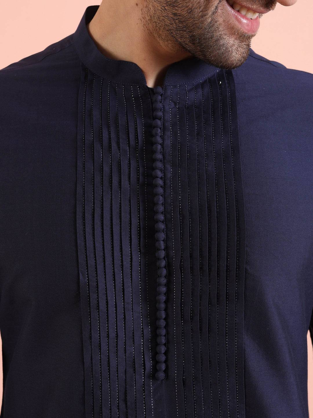 Men Navy Blue Pleated Ethnic Motifs Kurta  | SHOBITAM