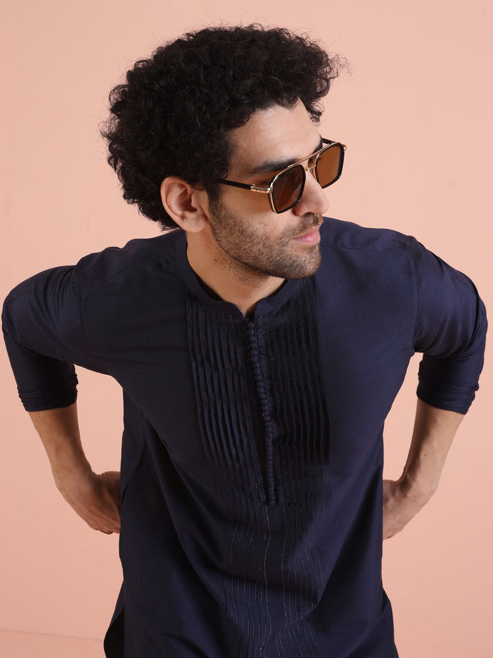 Men Navy Blue Pleated Ethnic Motifs Kurta  | SHOBITAM