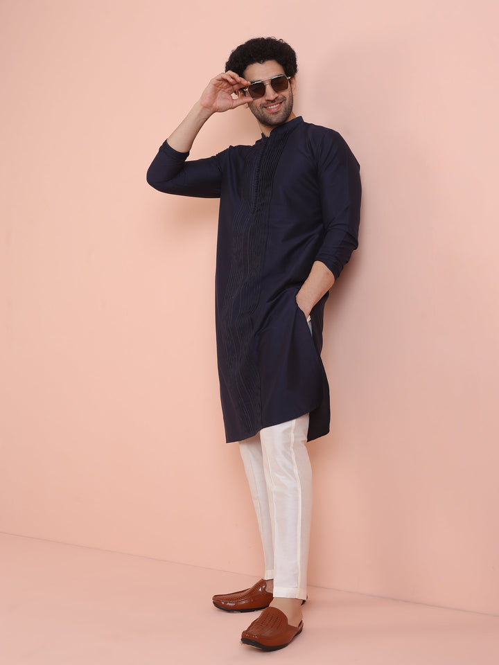 Men Navy Blue Pleated Ethnic Motifs Kurta  | SHOBITAM