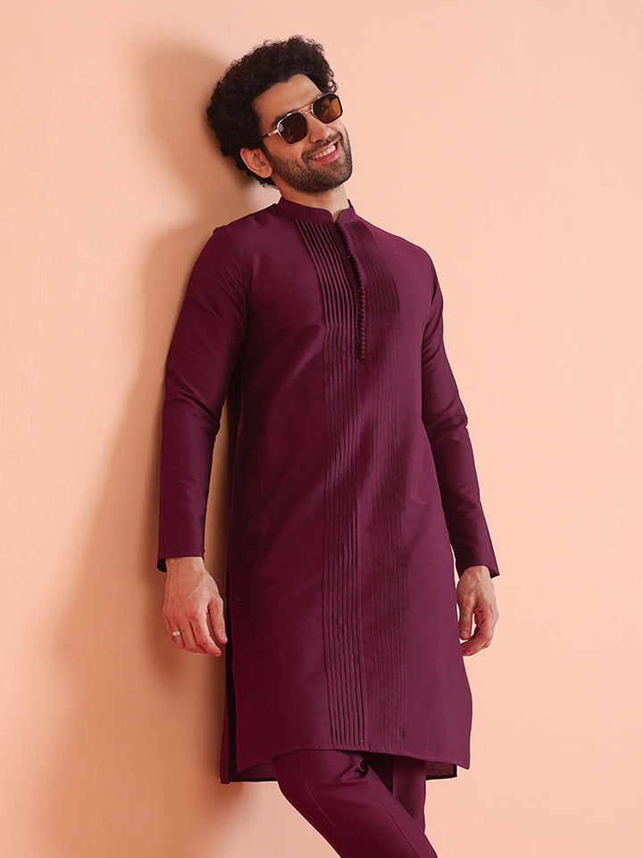Wine Cotton Blend Pleated Kurta | SHOBITAM