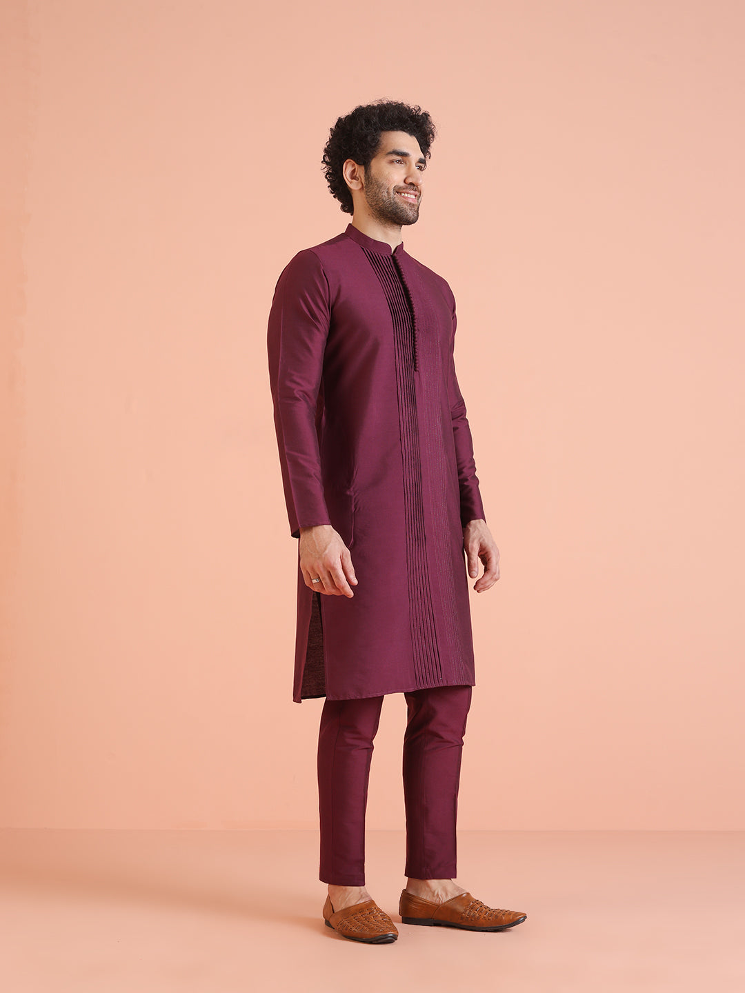 Wine Cotton Blend Pleated Kurta | SHOBITAM