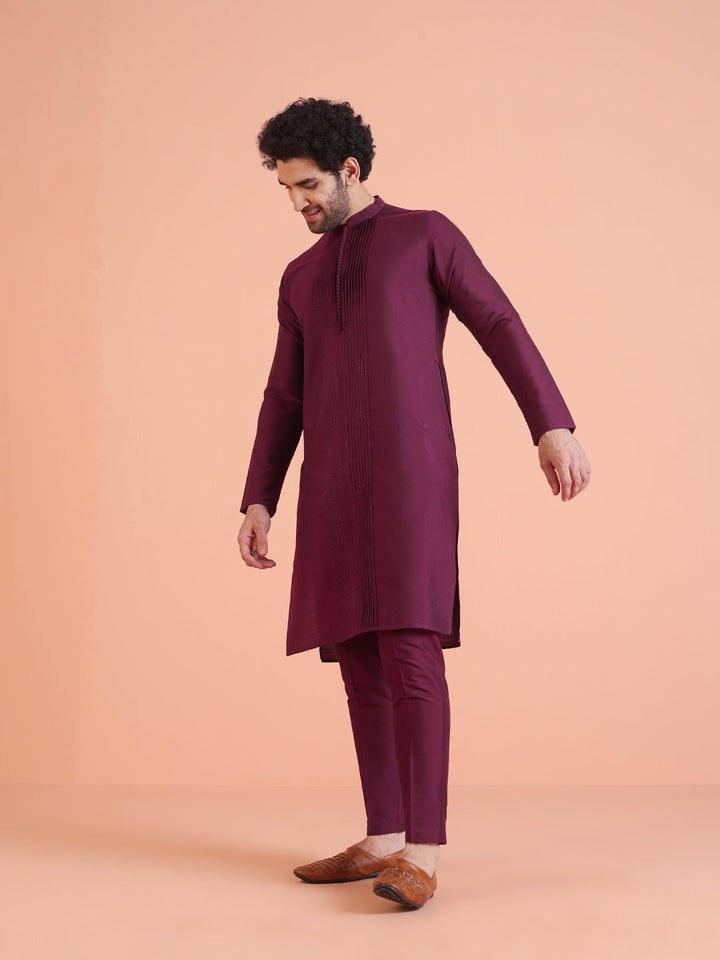 Wine Cotton Blend Pleated Kurta | SHOBITAM