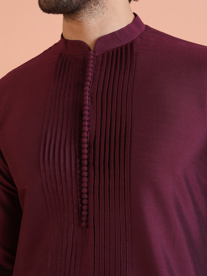 Wine Cotton Blend Pleated Kurta | SHOBITAM