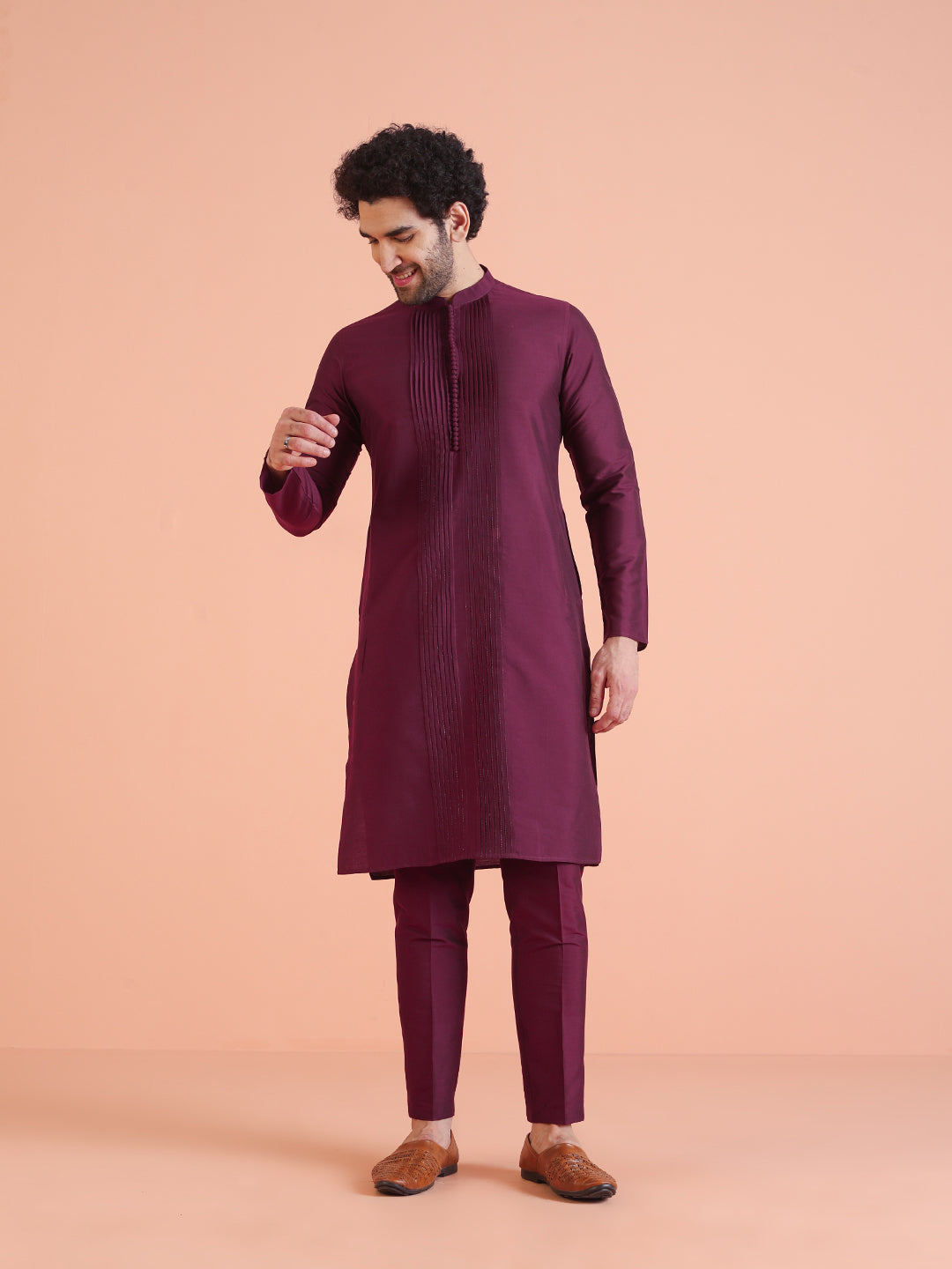 Wine Cotton Blend Pleated Kurta | SHOBITAM