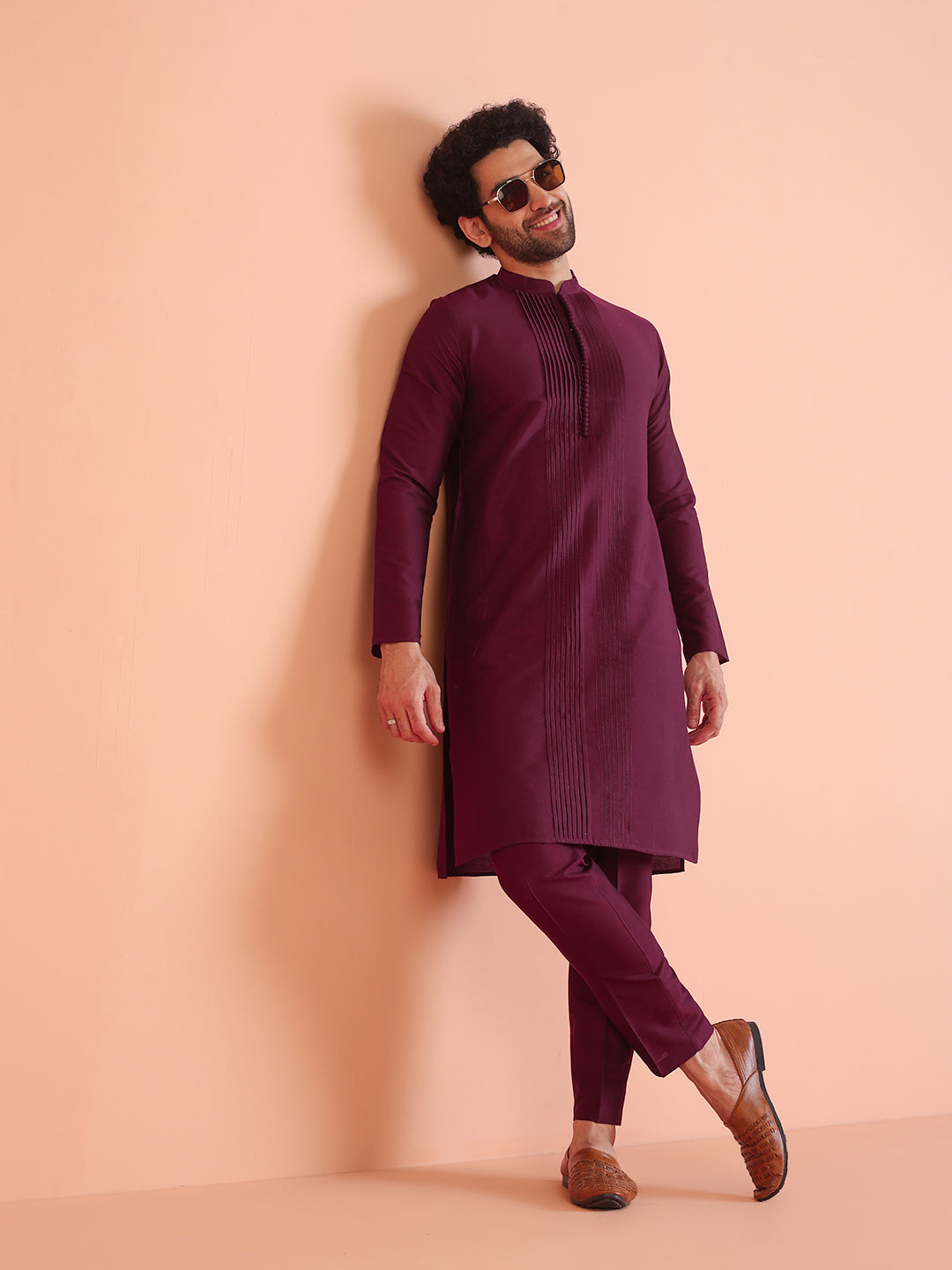 Wine Cotton Blend Pleated Kurta | SHOBITAM