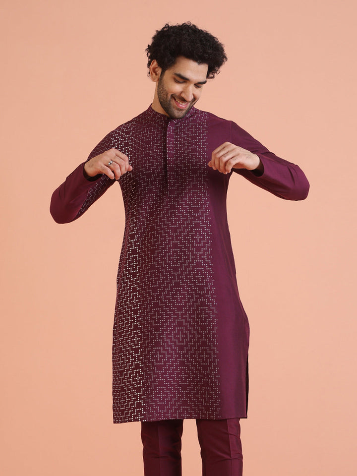 Wine Geometric Foil Printed Kurta  | SHOBITAM