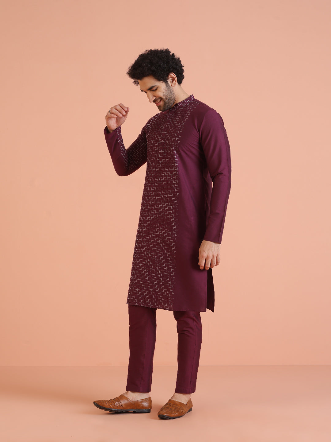 Wine Geometric Foil Printed Kurta  | SHOBITAM