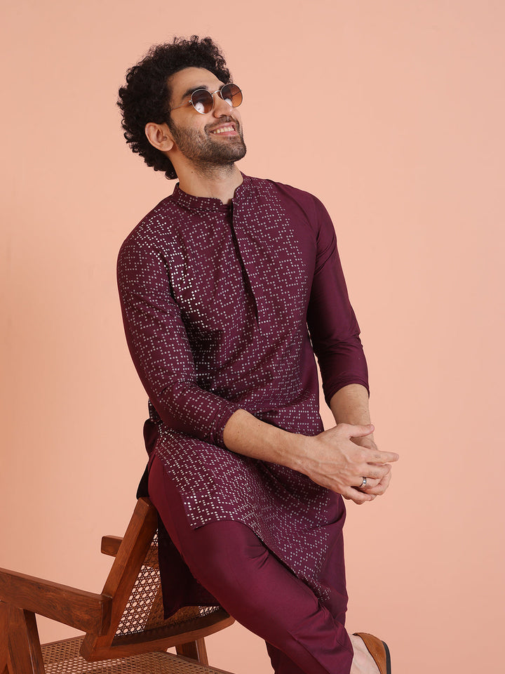 Wine Geometric Foil Printed Kurta  | SHOBITAM