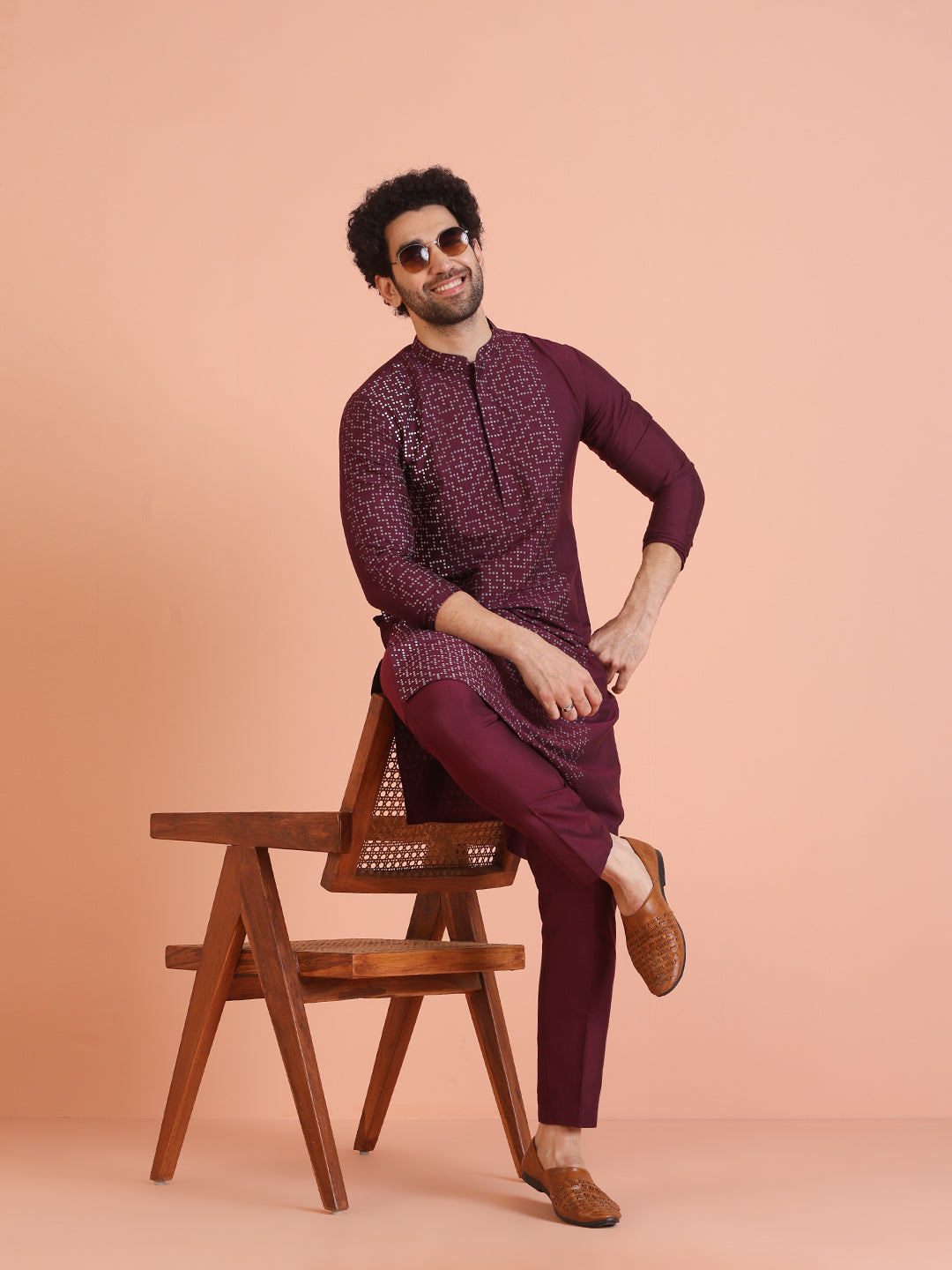 Wine Geometric Foil Printed Kurta  | SHOBITAM