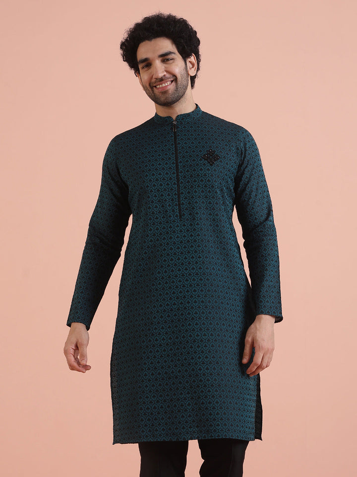 Men Teal Jacquard Patch Work Kurta  | SHOBITAM