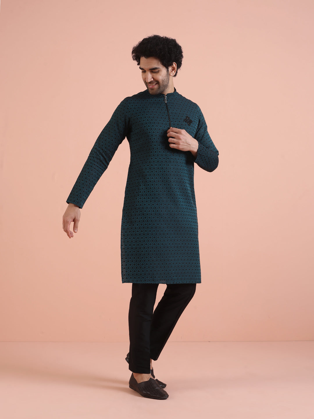 Men Teal Jacquard Patch Work Kurta  | SHOBITAM