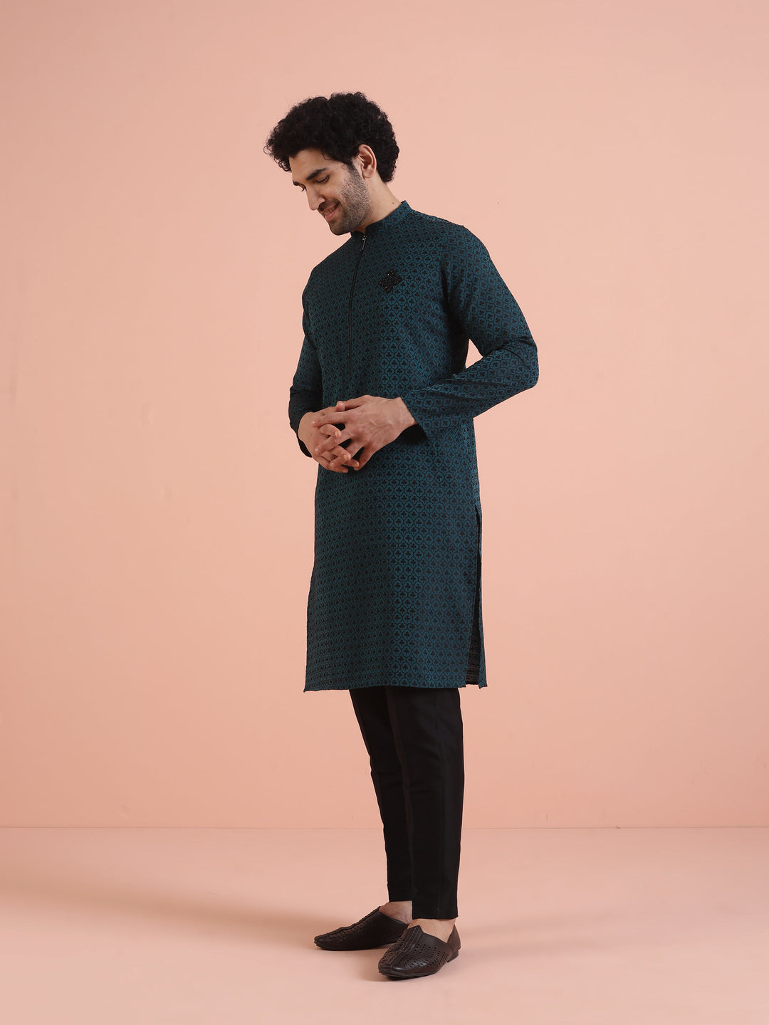 Men Teal Jacquard Patch Work Kurta  | SHOBITAM