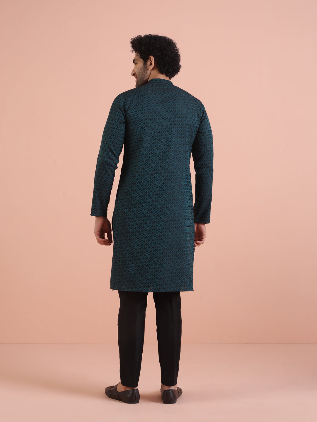 Men Teal Jacquard Patch Work Kurta  | SHOBITAM