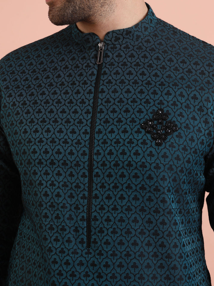 Men Teal Jacquard Patch Work Kurta  | SHOBITAM