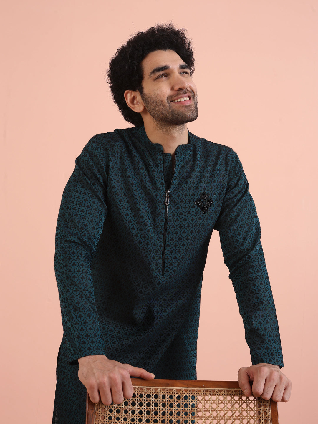 Men Teal Jacquard Patch Work Kurta  | SHOBITAM
