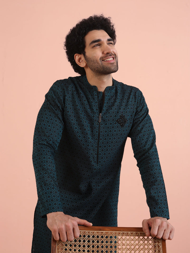 Men Teal Jacquard Patch Work Kurta  | SHOBITAM