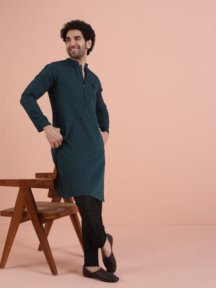 Men Teal Jacquard Patch Work Kurta  | SHOBITAM
