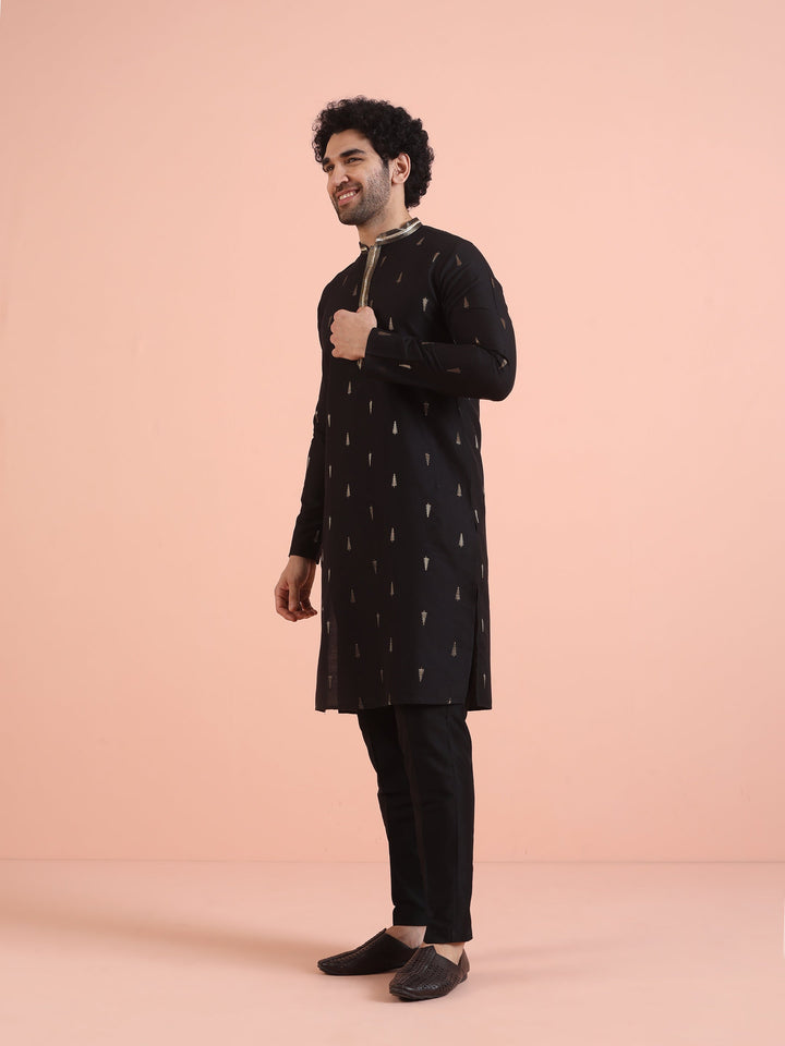 Men Black Jacquard Kurta with Ethnic Motifs  | SHOBITAM