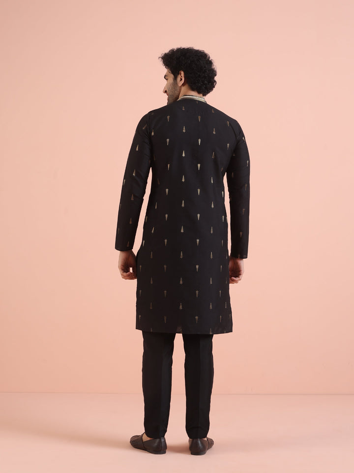 Men Black Jacquard Kurta with Ethnic Motifs  | SHOBITAM