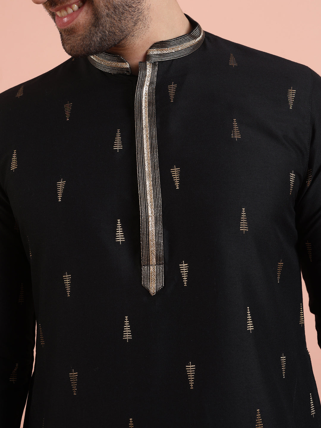 Men Black Jacquard Kurta with Ethnic Motifs  | SHOBITAM