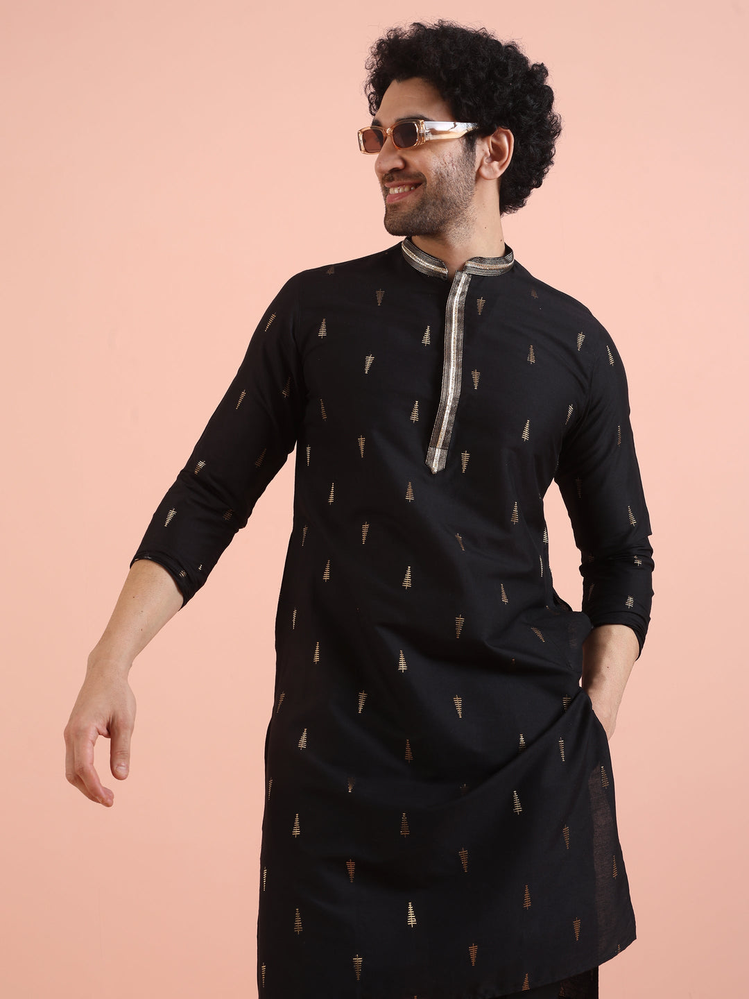 Men Black Jacquard Kurta with Ethnic Motifs  | SHOBITAM