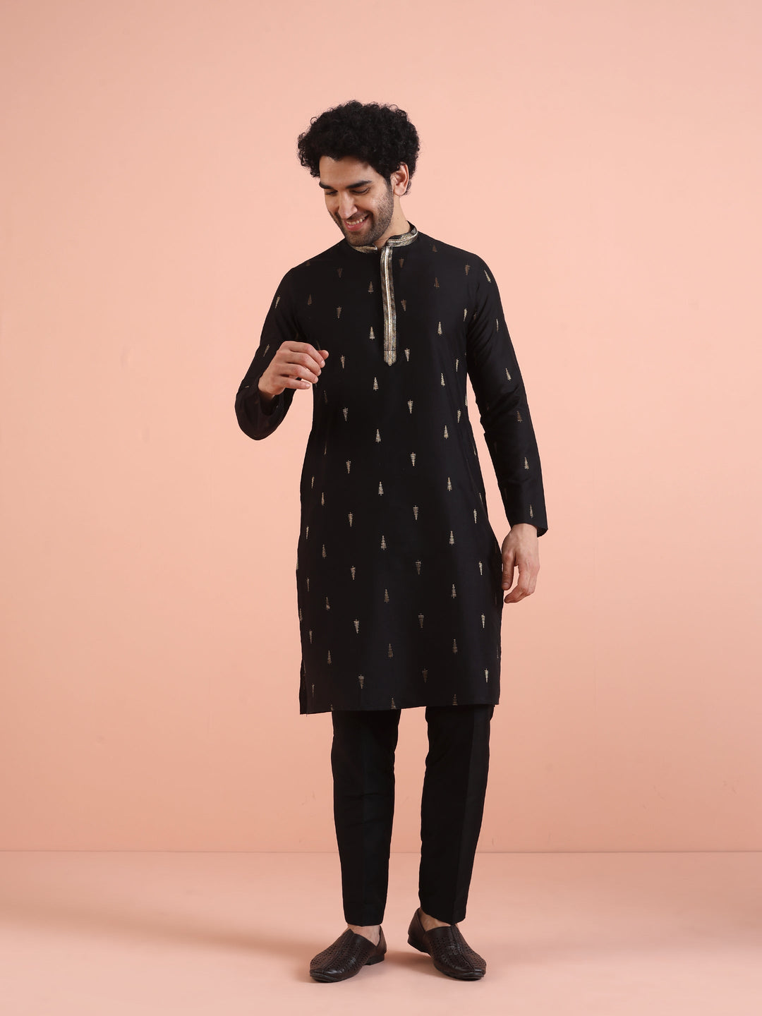 Men Black Jacquard Kurta with Ethnic Motifs  | SHOBITAM