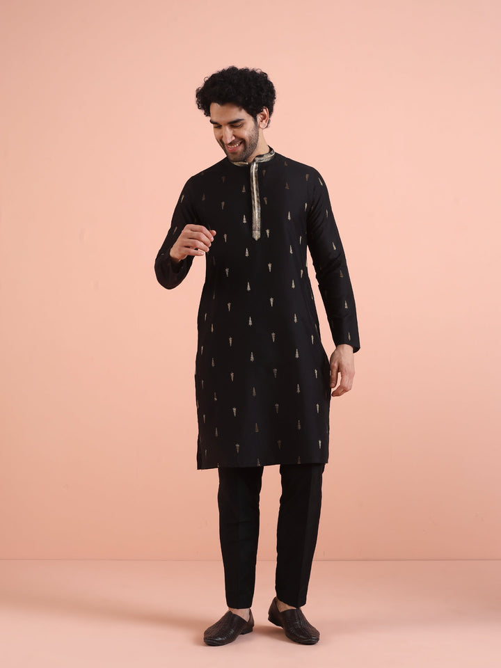 Men Black Jacquard Kurta with Ethnic Motifs  | SHOBITAM