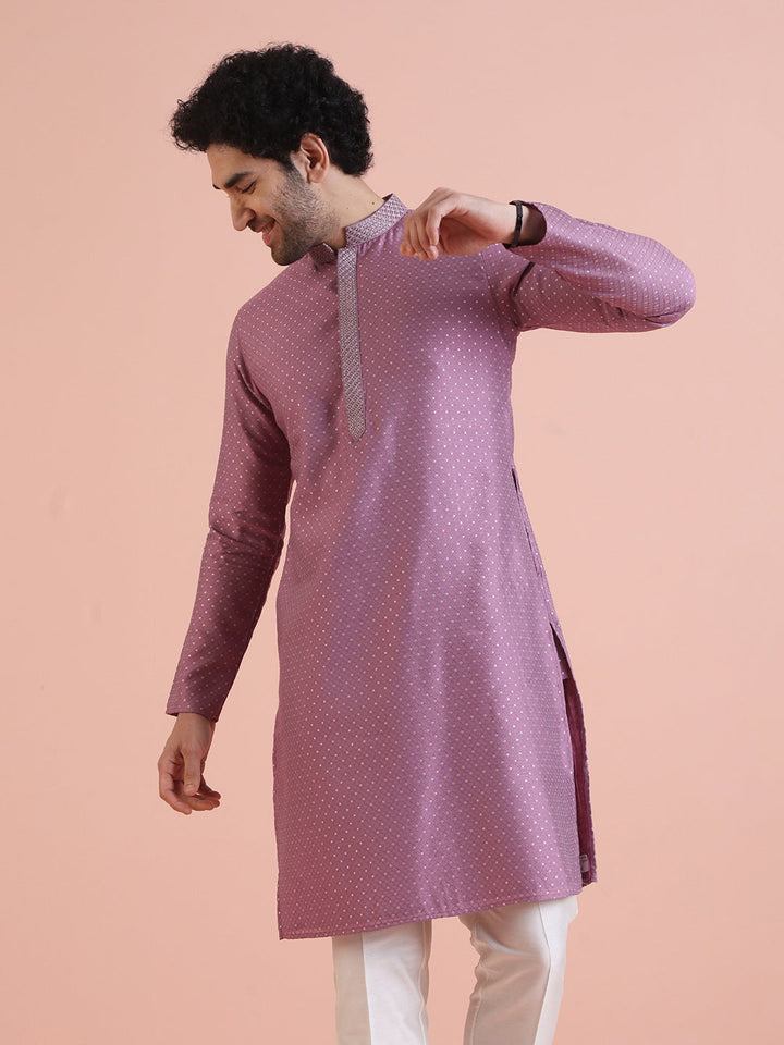 Men Mauve Jacquard Kurta with Thread Work  | SHOBITAM