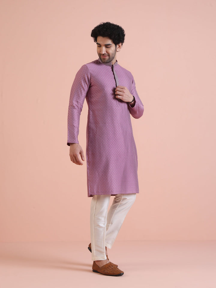 Men Mauve Jacquard Kurta with Thread Work  | SHOBITAM