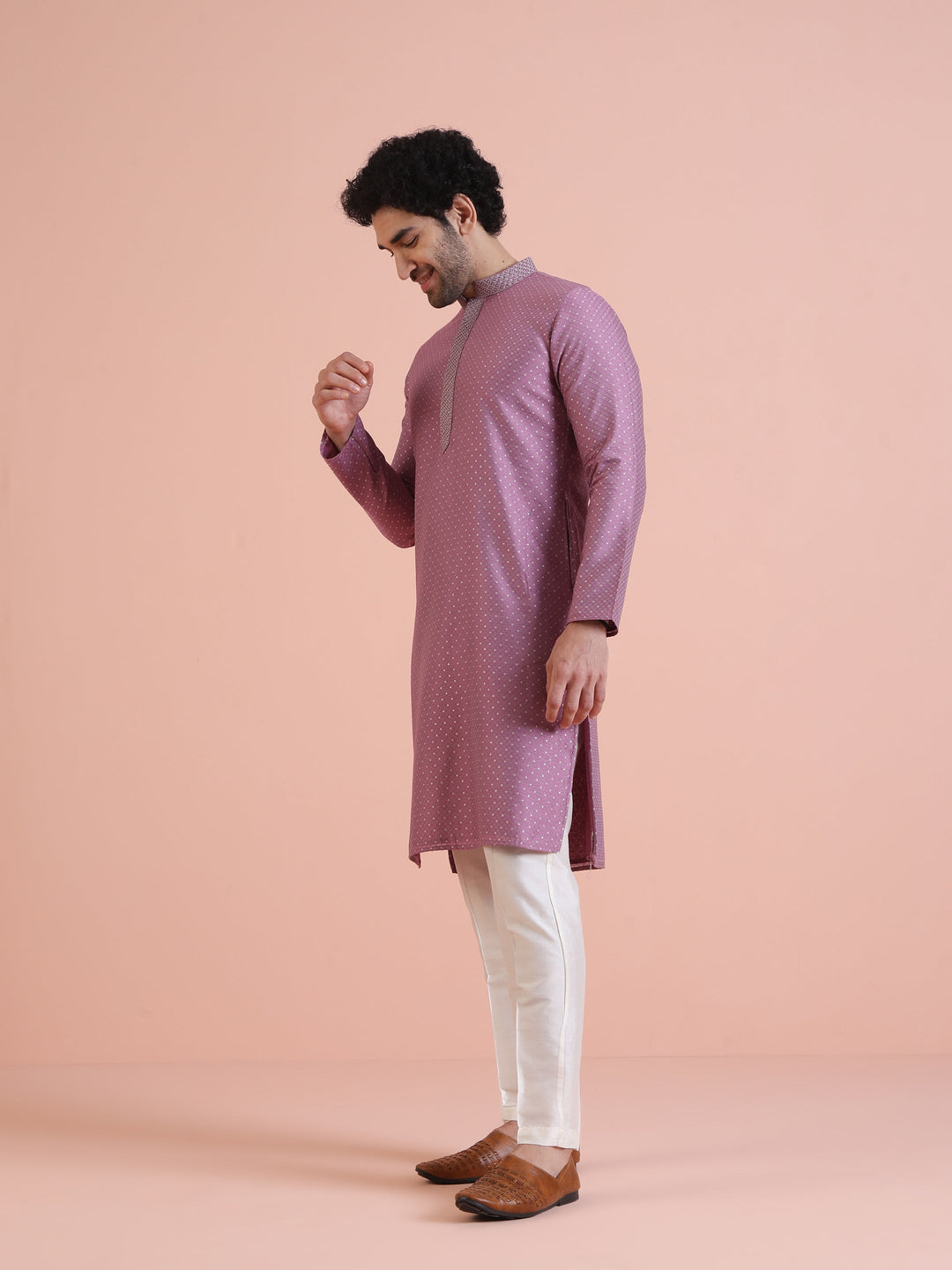 Men Mauve Jacquard Kurta with Thread Work  | SHOBITAM