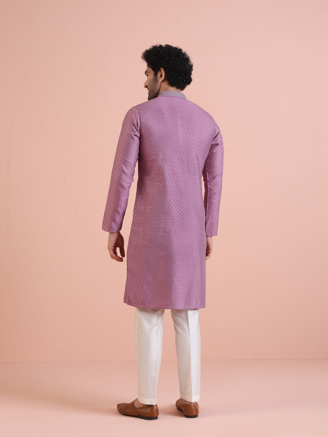 Men Mauve Jacquard Kurta with Thread Work  | SHOBITAM