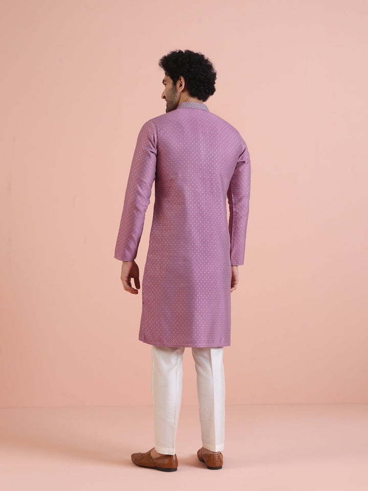 Men Mauve Jacquard Kurta with Thread Work  | SHOBITAM