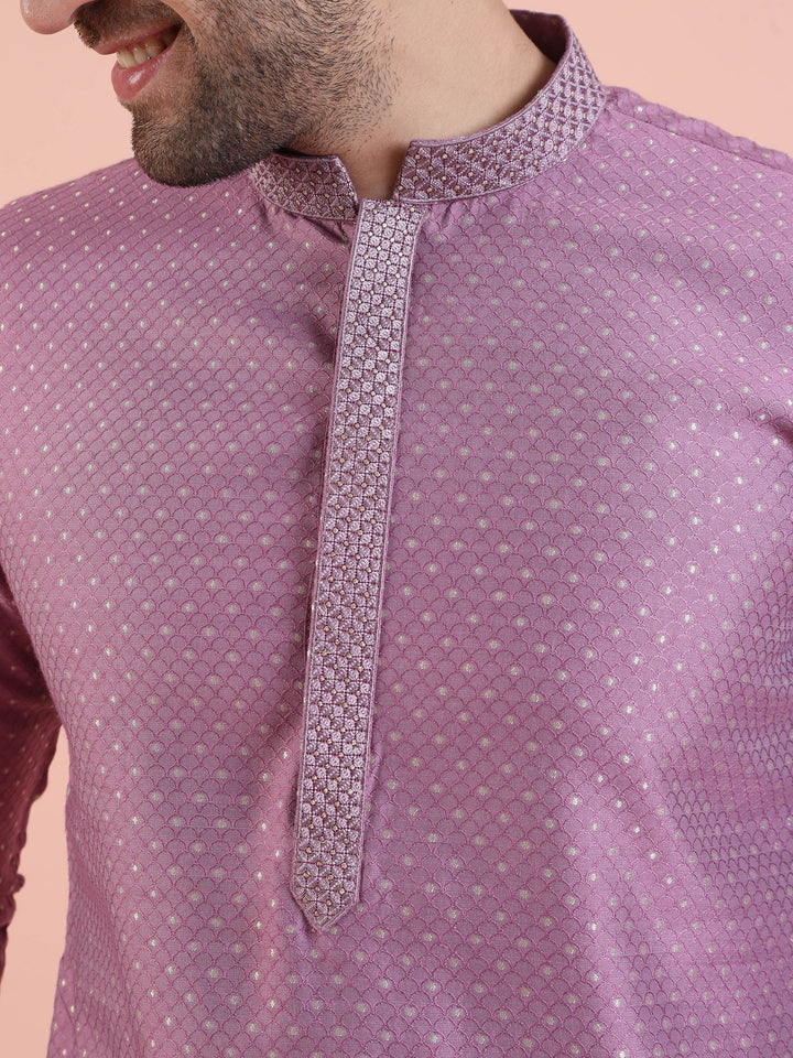 Men Mauve Jacquard Kurta with Thread Work  | SHOBITAM
