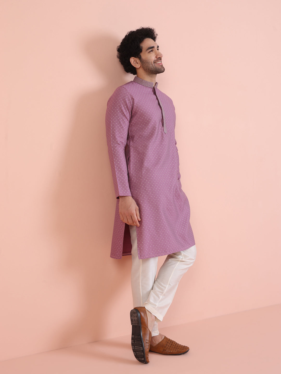 Men Mauve Jacquard Kurta with Thread Work  | SHOBITAM