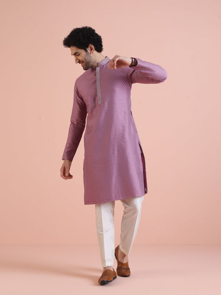 Men Mauve Jacquard Kurta with Thread Work  | SHOBITAM