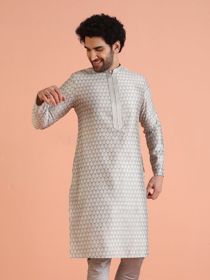 Men Grey Jacquard Ethnic Motifs Kurta | SHOBITAM