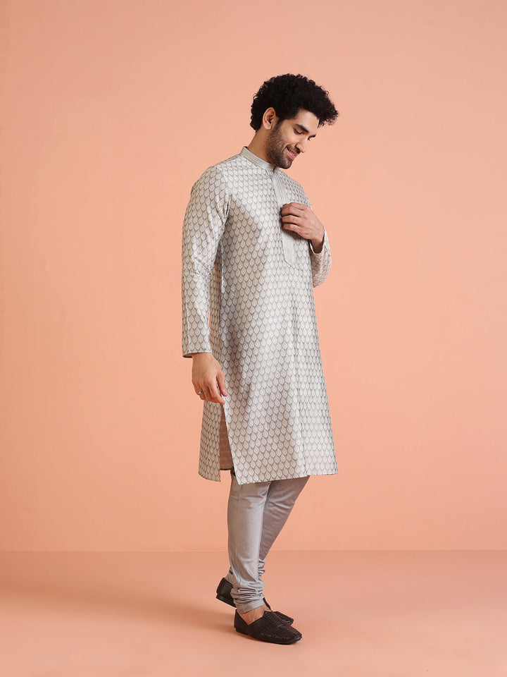 Men Grey Jacquard Ethnic Motifs Kurta | SHOBITAM