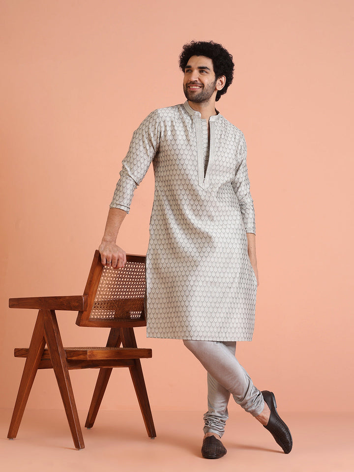 Men Grey Jacquard Ethnic Motifs Kurta | SHOBITAM